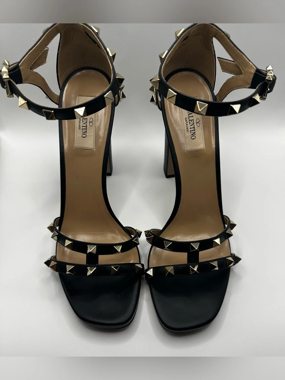 Valentino Black Leather Platform Sandals with Gold Stud Accents